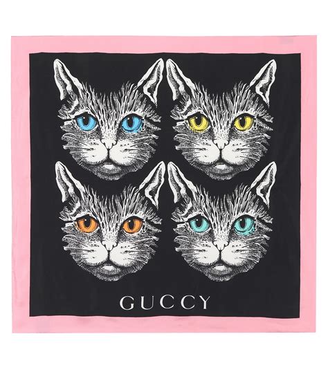 gucci scarf cat|GUCCI Silk Mystic Cat Square Scarf Black .